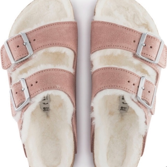 BIRKENSTOCK x Free People Arizona 5 Pink Suede Genuine Ivory Shearling Sandals - Picture 3 of 10